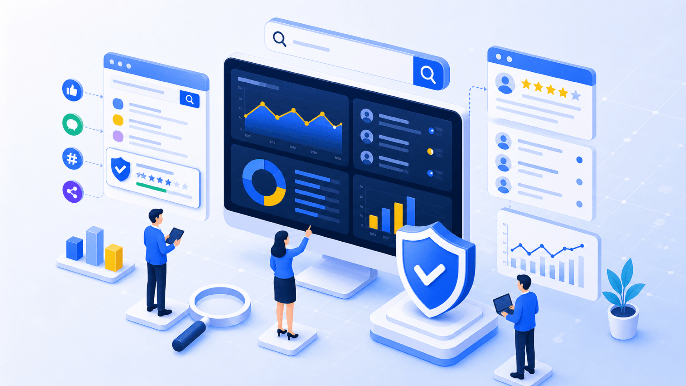 解決ダッシュボードを操作するビジネスパーソンのアイソメ図