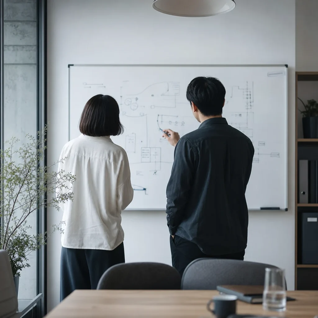 ホワイトボードの前で議論する二人の後ろ姿