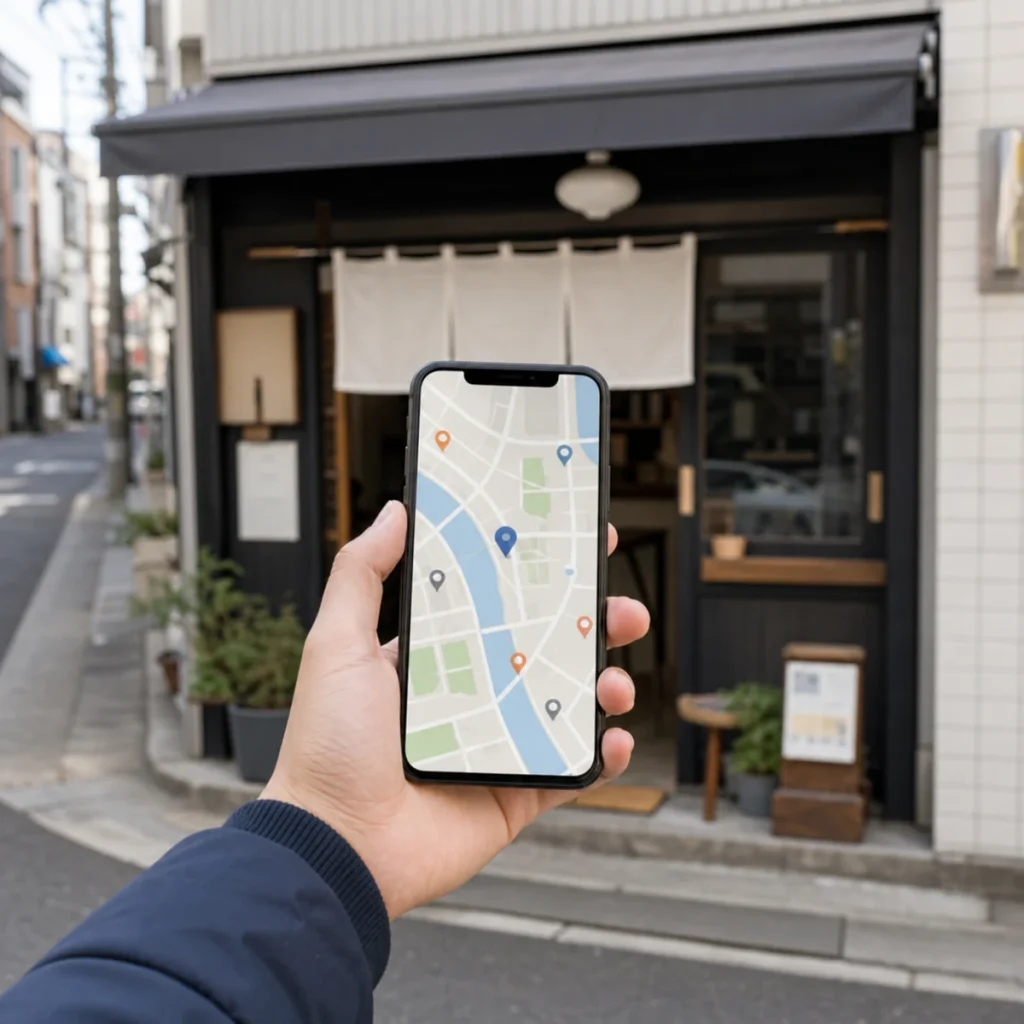 店舗前で地図アプリを確認しているスマートフォン