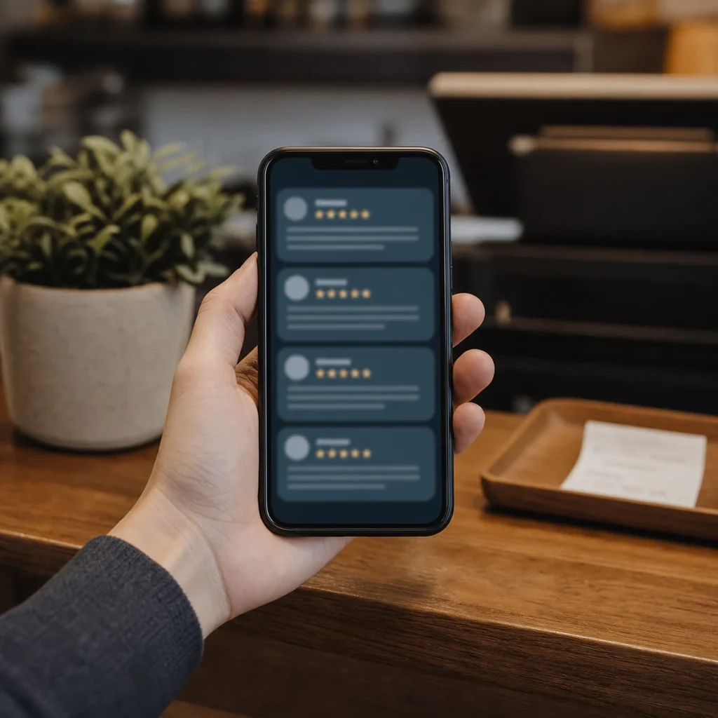 店舗カウンターで口コミ画面を確認しているスマートフォン